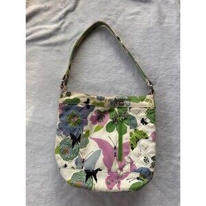 Vera Bradley Floral Butterfly Quilted Shoulder Bag Small Purse Green Pink EUC